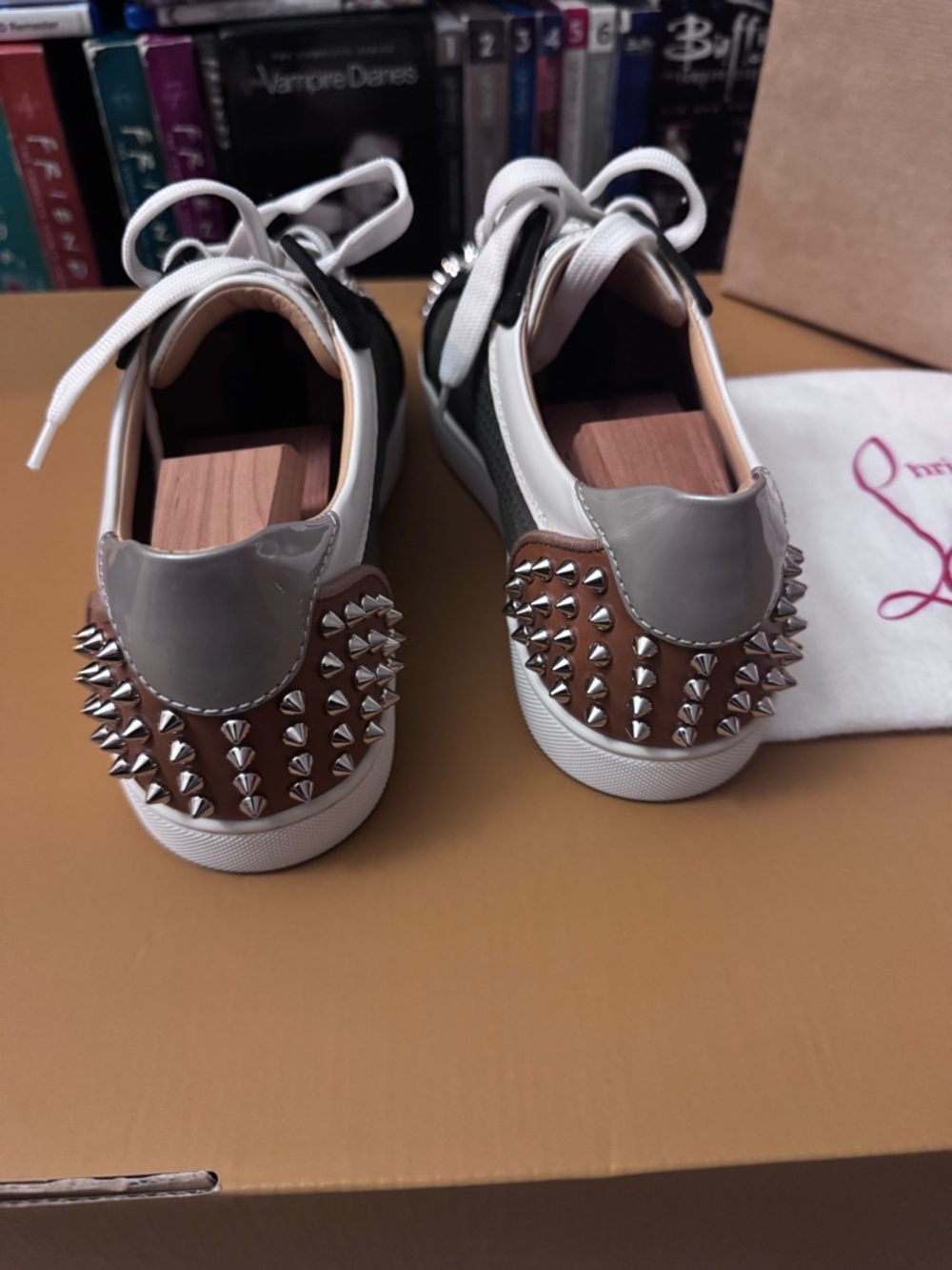 Christian Louboutin Studded Low-Top Sneakers in White, Gray, Brown